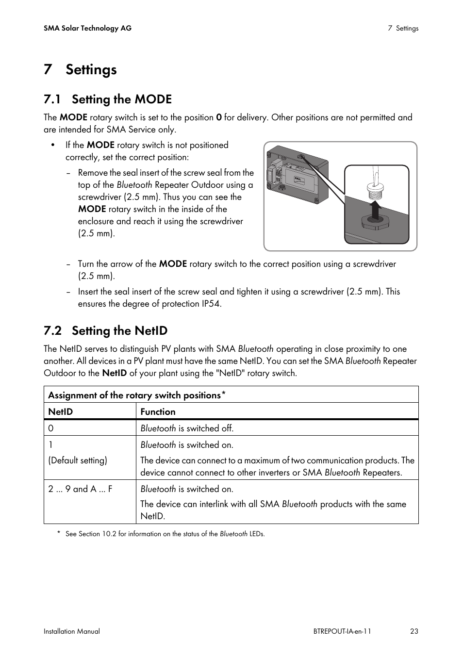 7 settings, 1 setting the mode, 2 setting the netid | 1 setting the mode 7.2 setting the netid, See section 7.2 "setting the netid | SMA BLUETOOTH REPEATER OUTDOOR User Manual | Page 23 / 36