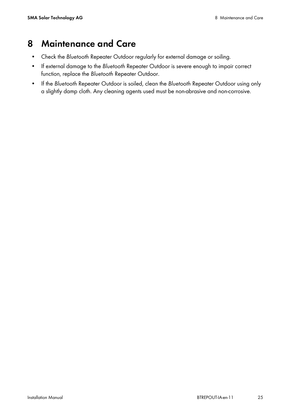 8 maintenance and care | SMA BLUETOOTH REPEATER OUTDOOR User Manual | Page 25 / 36