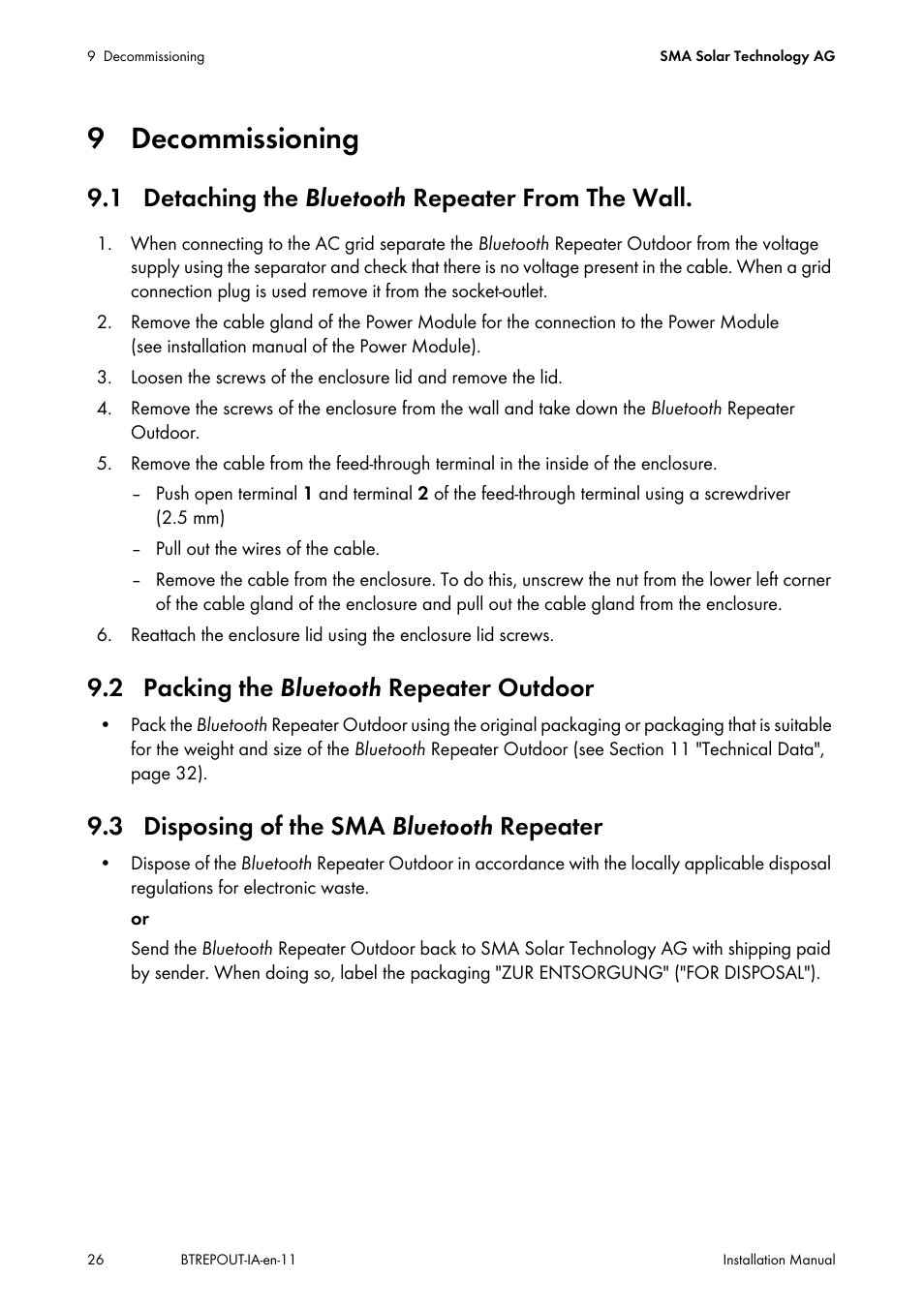 9 decommissioning, 1 detaching the bluetooth repeater from the wall, 2 packing the bluetooth repeater outdoor | 3 disposing of the sma bluetooth repeater, 1 detaching the blu, 2 packing the, 3 disposing of the sma bluetooth | SMA BLUETOOTH REPEATER OUTDOOR User Manual | Page 26 / 36