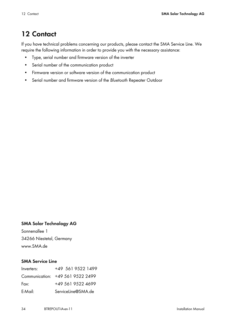 12 contact | SMA BLUETOOTH REPEATER OUTDOOR User Manual | Page 34 / 36