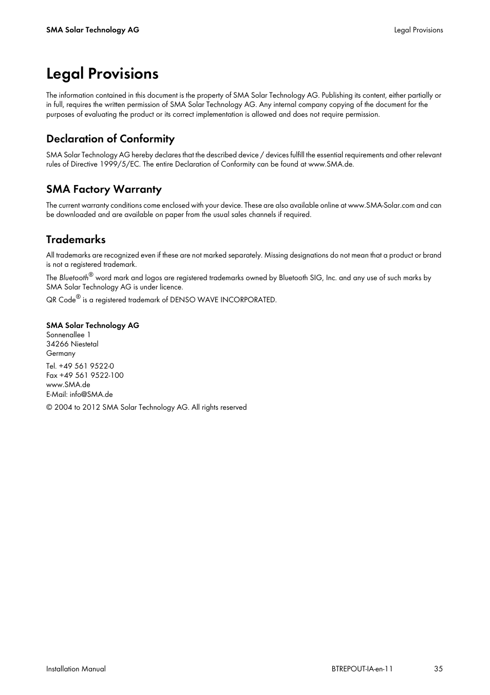 Legal provisions, Declaration of conformity, Sma factory warranty | Trademarks | SMA BLUETOOTH REPEATER OUTDOOR User Manual | Page 35 / 36