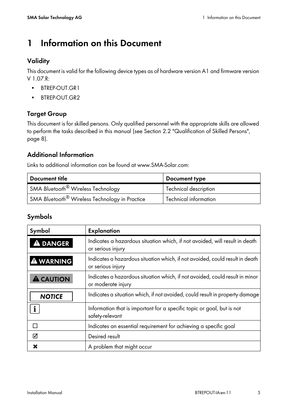 1 information on this document | SMA BLUETOOTH REPEATER OUTDOOR User Manual | Page 5 / 36