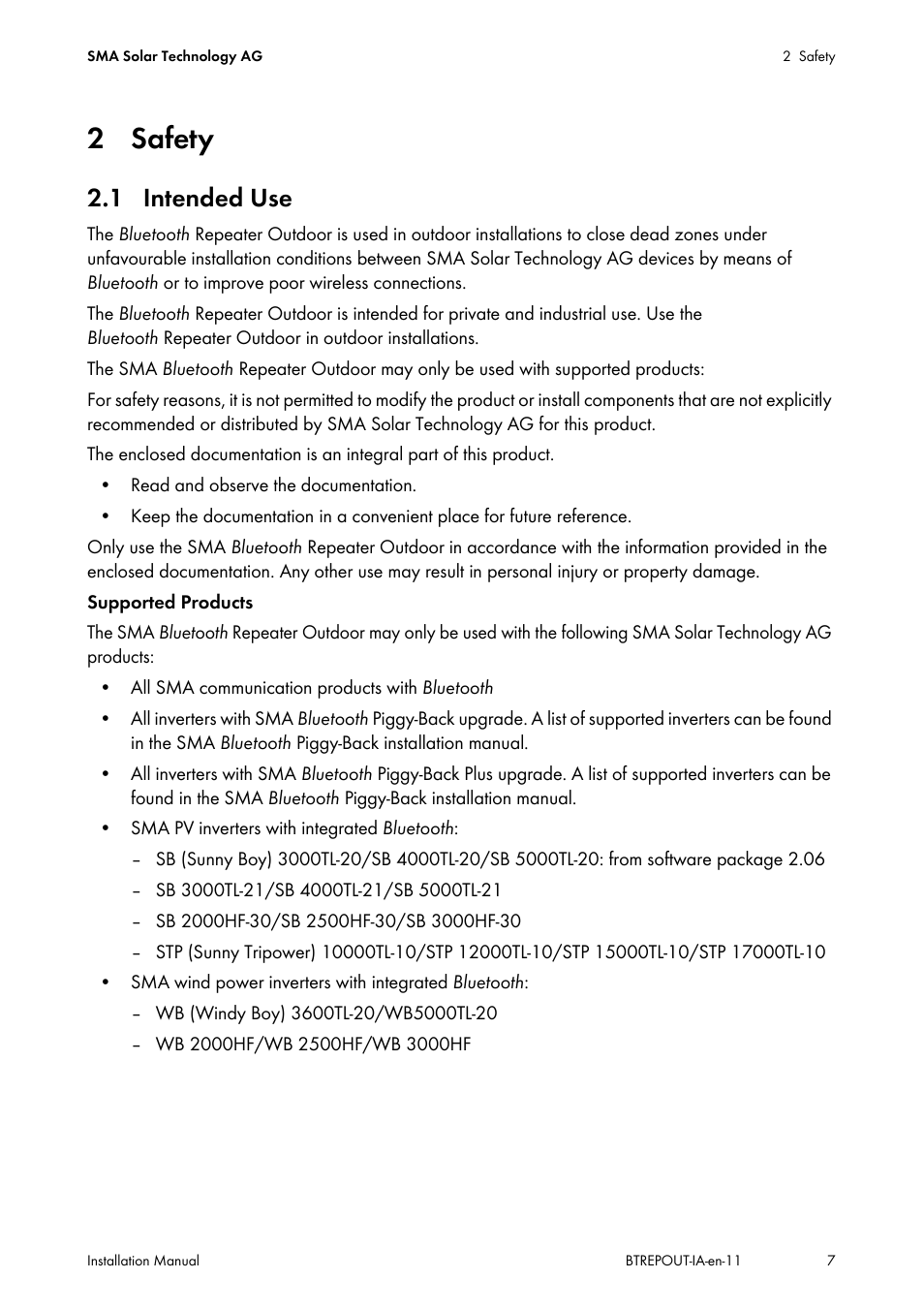 2 safety, 1 intended use | SMA BLUETOOTH REPEATER OUTDOOR User Manual | Page 7 / 36