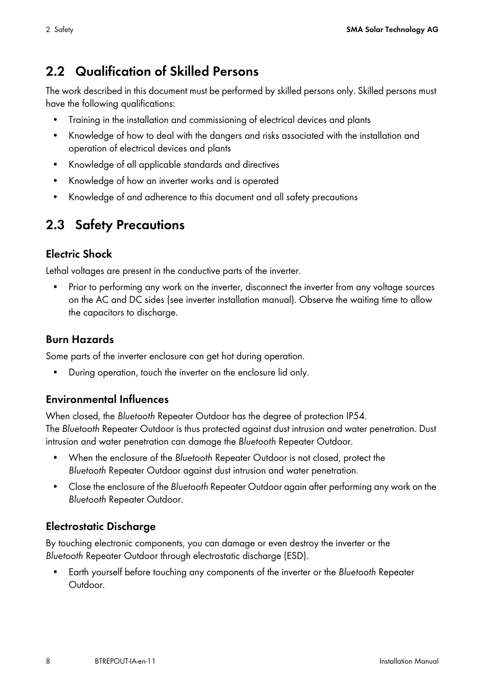 2 qualification of skilled persons, 3 safety precautions | SMA BLUETOOTH REPEATER OUTDOOR User Manual | Page 8 / 36