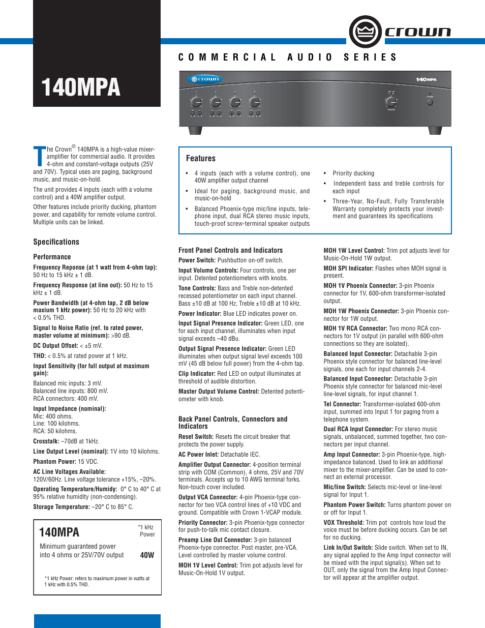 Crown Audio 140MPA User Manual | 2 pages