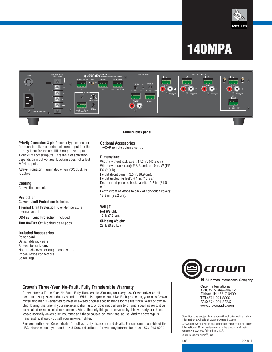 140mpa | Crown Audio 140MPA User Manual | Page 2 / 2