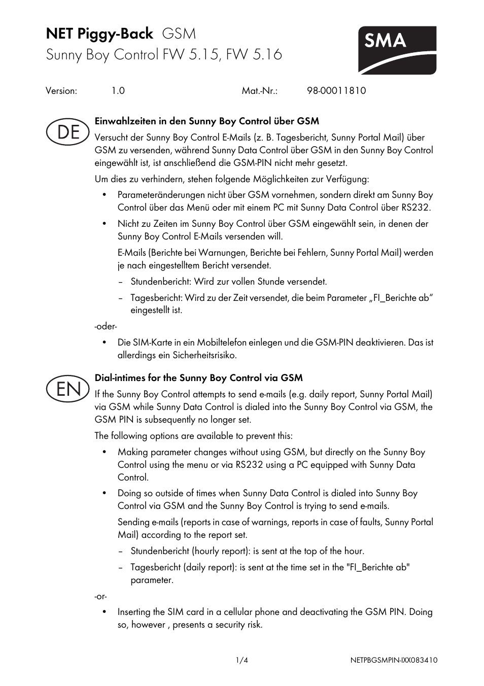 SMA NET Piggy-Back GSM User Manual | 4 pages