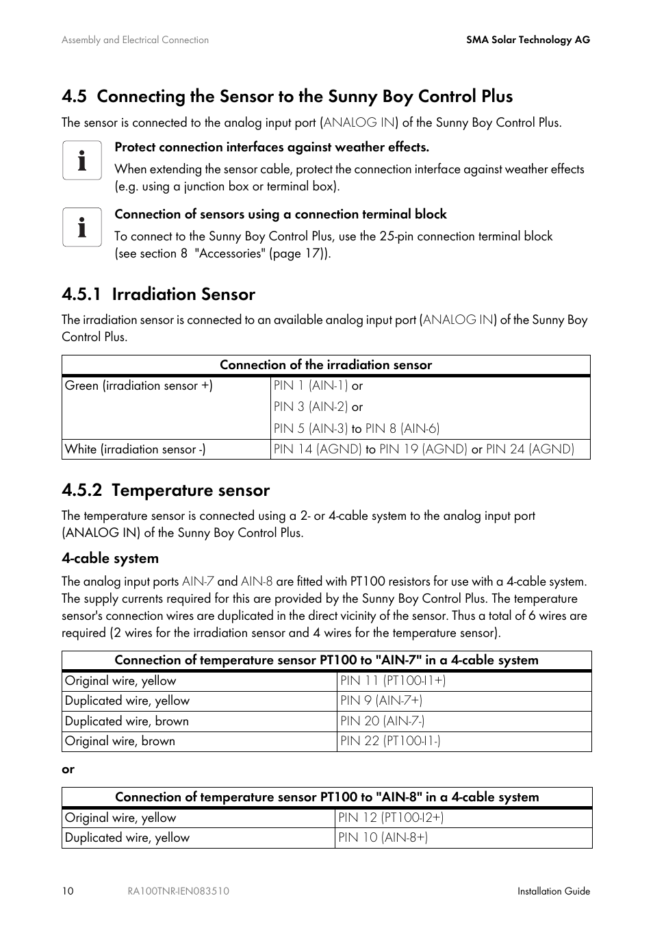 1 irradiation sensor, 2 temperature sensor, Irradiation sensor | Temperature sensor | SMA RA100T-NR User Manual | Page 10 / 20
