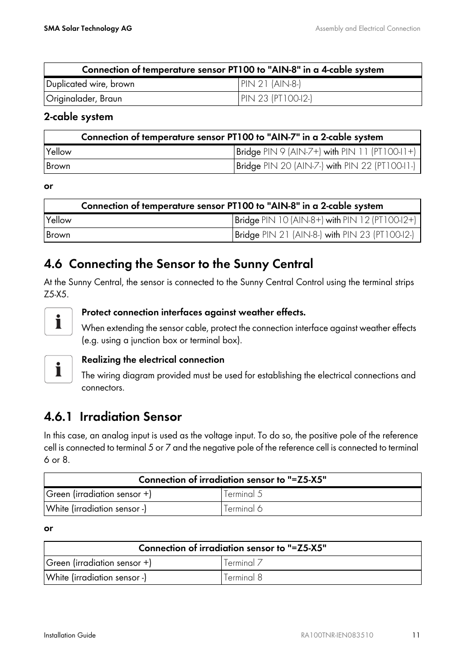 6 connecting the sensor to the sunny central, 1 irradiation sensor, Connecting the sensor to the sunny central | Irradiation sensor | SMA RA100T-NR User Manual | Page 11 / 20