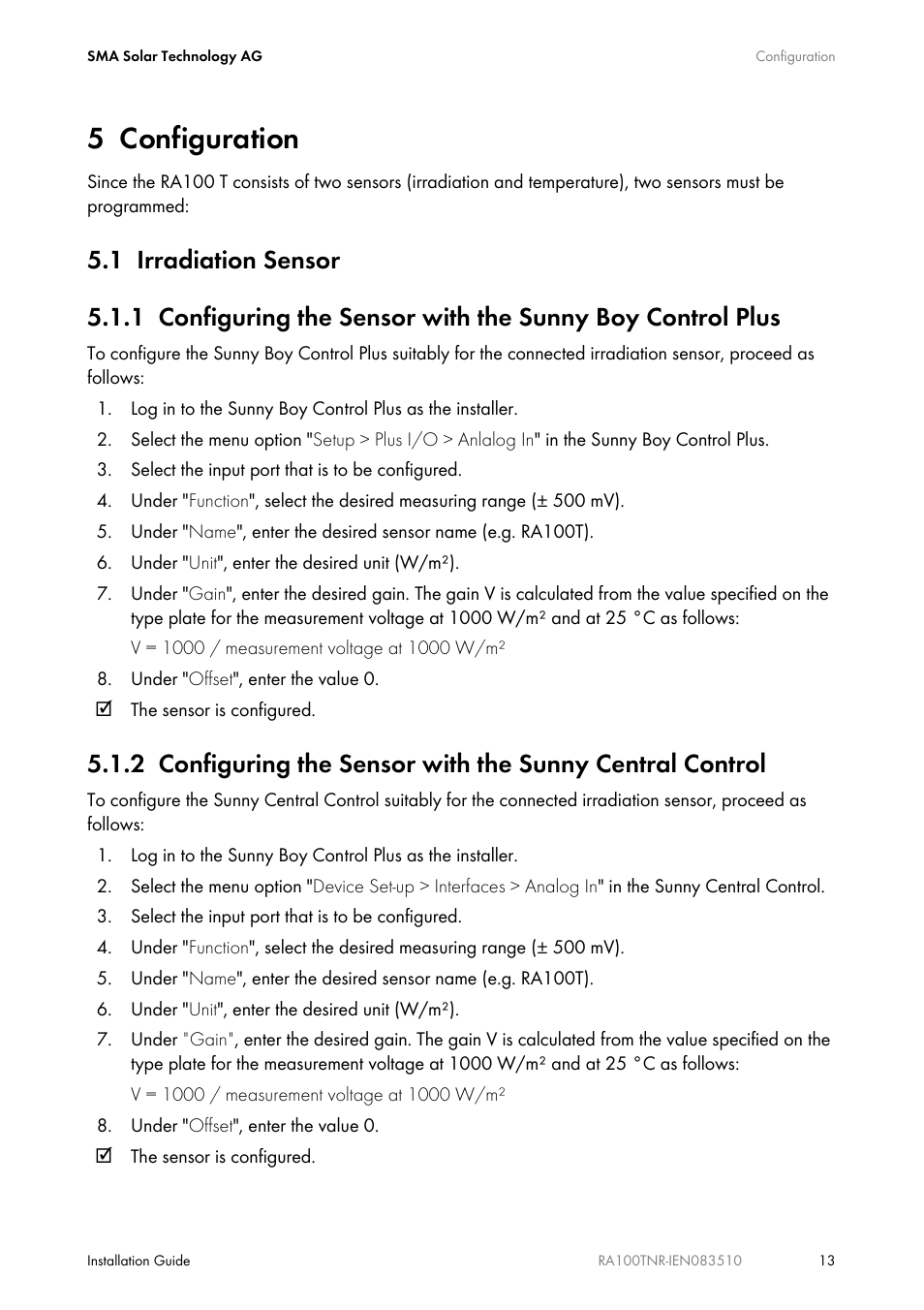 5 configuration, 1 irradiation sensor, Configuration | Irradiation sensor | SMA RA100T-NR User Manual | Page 13 / 20