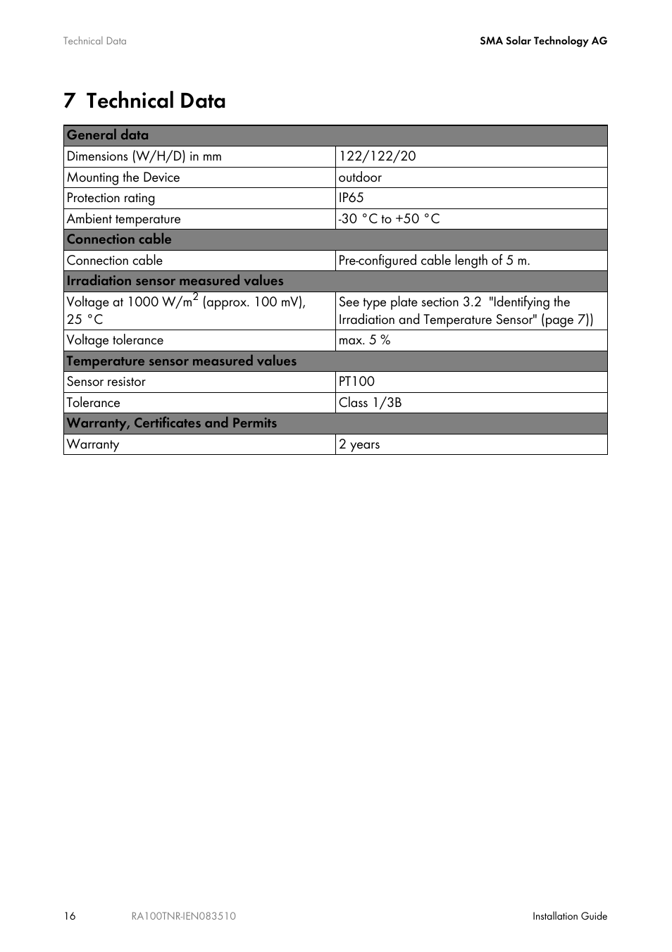 7 technical data, Technical data | SMA RA100T-NR User Manual | Page 16 / 20