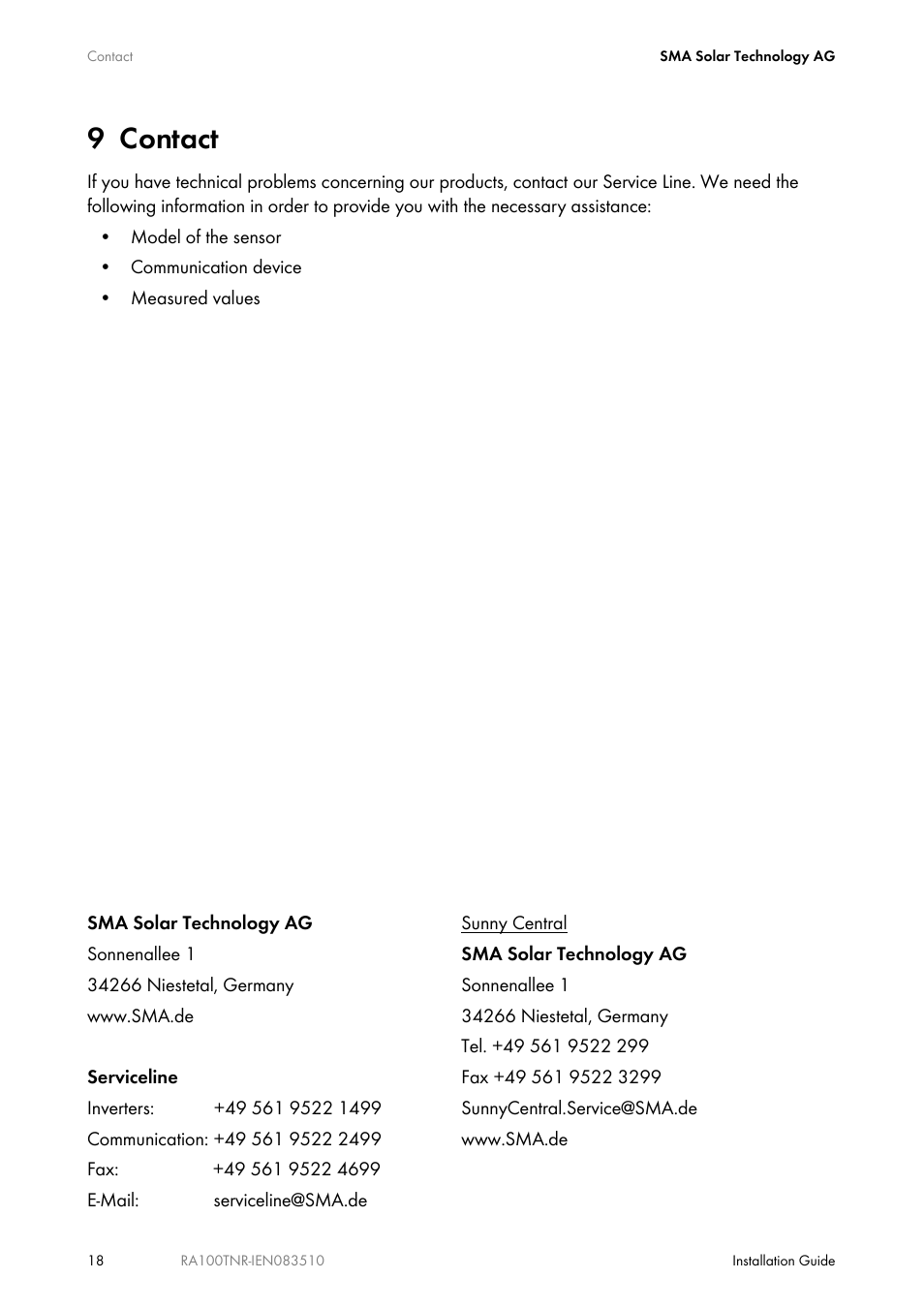 9 contact, Contact | SMA RA100T-NR User Manual | Page 18 / 20