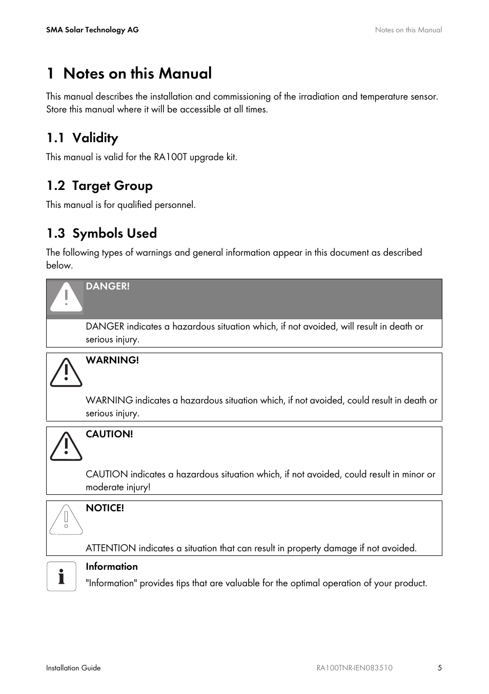 1 notes on this manual, 1 validity, 2 target group | 3 symbols used, Notes on this manual, Validity, Target group, Symbols used | SMA RA100T-NR User Manual | Page 5 / 20