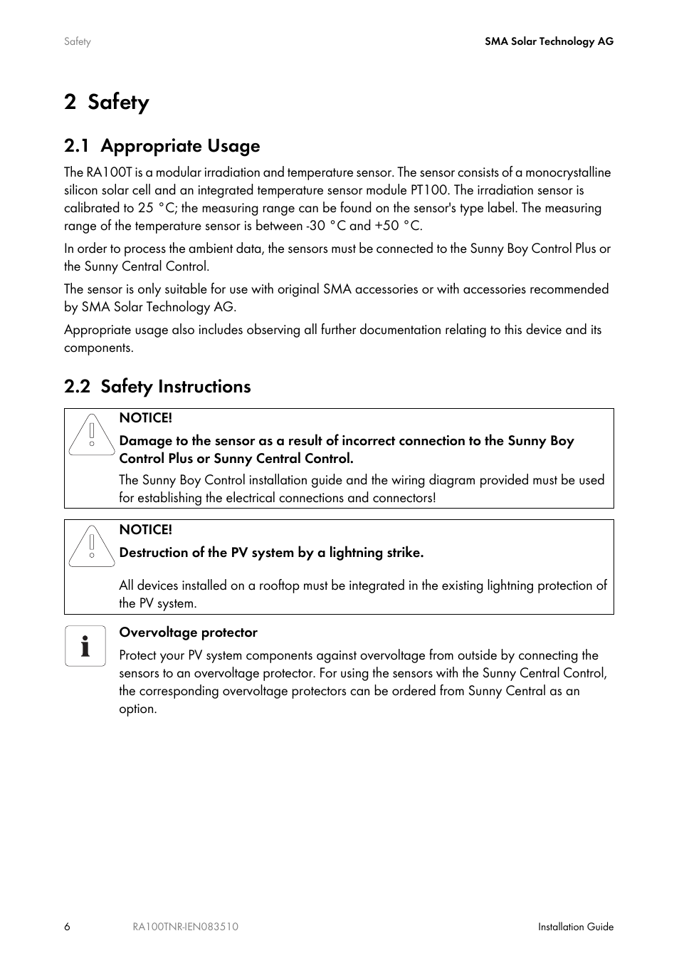 2 safety, 1 appropriate usage, 2 safety instructions | Safety, Appropriate usage, Safety instructions | SMA RA100T-NR User Manual | Page 6 / 20