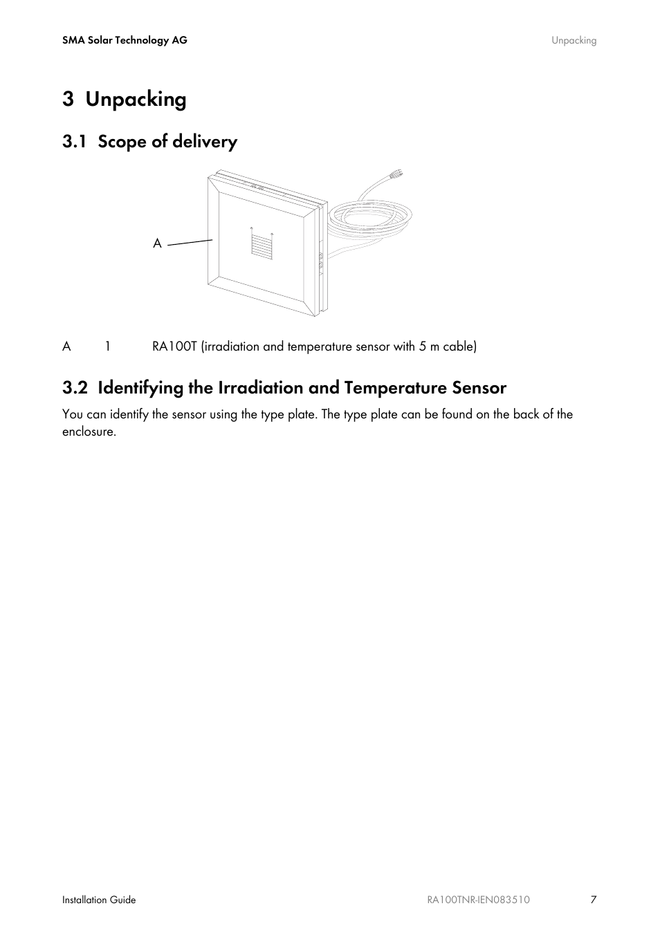 3 unpacking, 1 scope of delivery, Unpacking | Scope of delivery, Identifying the irradiation and temperature sensor | SMA RA100T-NR User Manual | Page 7 / 20