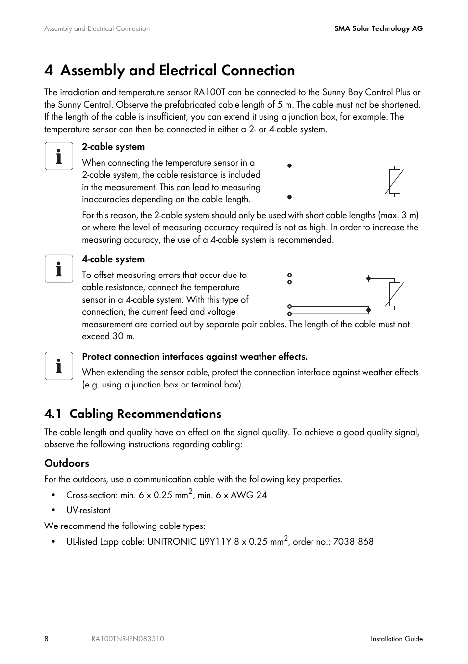 4 assembly and electrical connection, 1 cabling recommendations, Assembly and electrical connection | Cabling recommendations | SMA RA100T-NR User Manual | Page 8 / 20