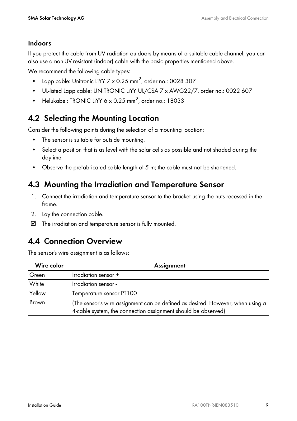 2 selecting the mounting location, 3 mounting the irradiation and temperature sensor, 4 connection overview | Selecting the mounting location, Mounting the irradiation and temperature sensor, Connection overview | SMA RA100T-NR User Manual | Page 9 / 20