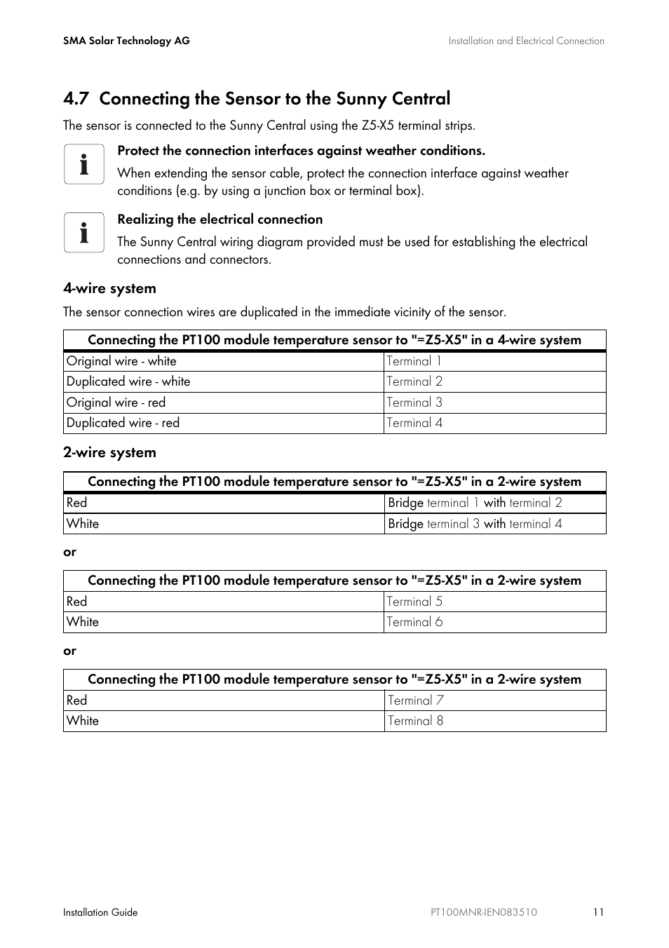 7 connecting the sensor to the sunny central, Connecting the sensor to the sunny central | SMA PT100M-NR User Manual | Page 11 / 16