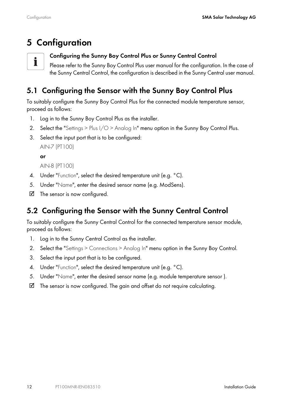 5 configuration, Configuration | SMA PT100M-NR User Manual | Page 12 / 16