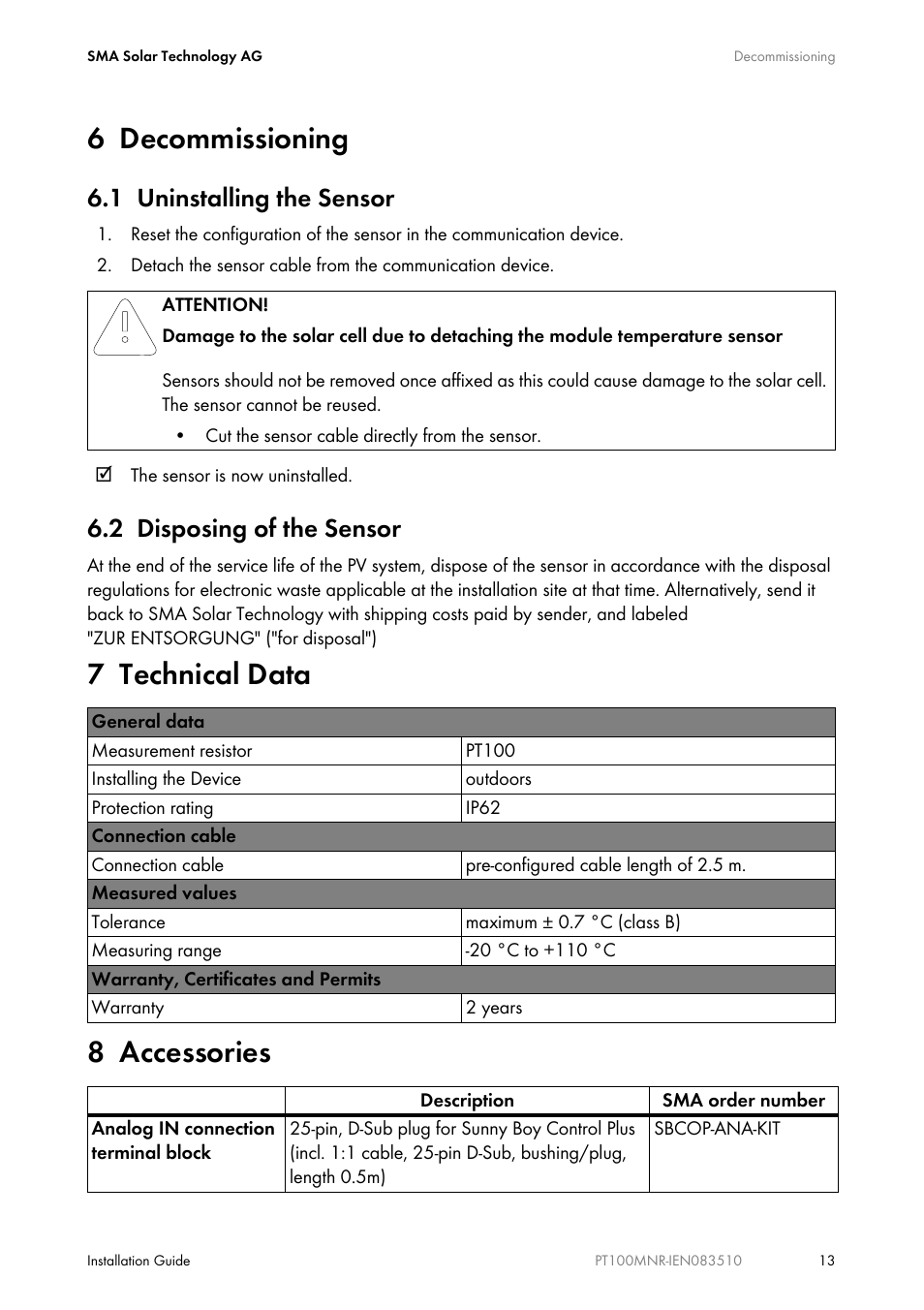 6 decommissioning, 1 uninstalling the sensor, 2 disposing of the sensor | 7 technical data, 8 accessories, Decommissioning, Uninstalling the sensor, Disposing of the sensor, Technical data, Accessories | SMA PT100M-NR User Manual | Page 13 / 16