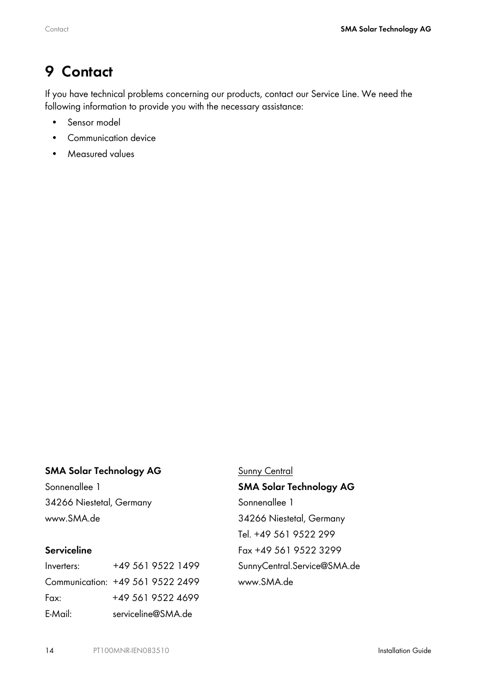 9 contact, Contact | SMA PT100M-NR User Manual | Page 14 / 16