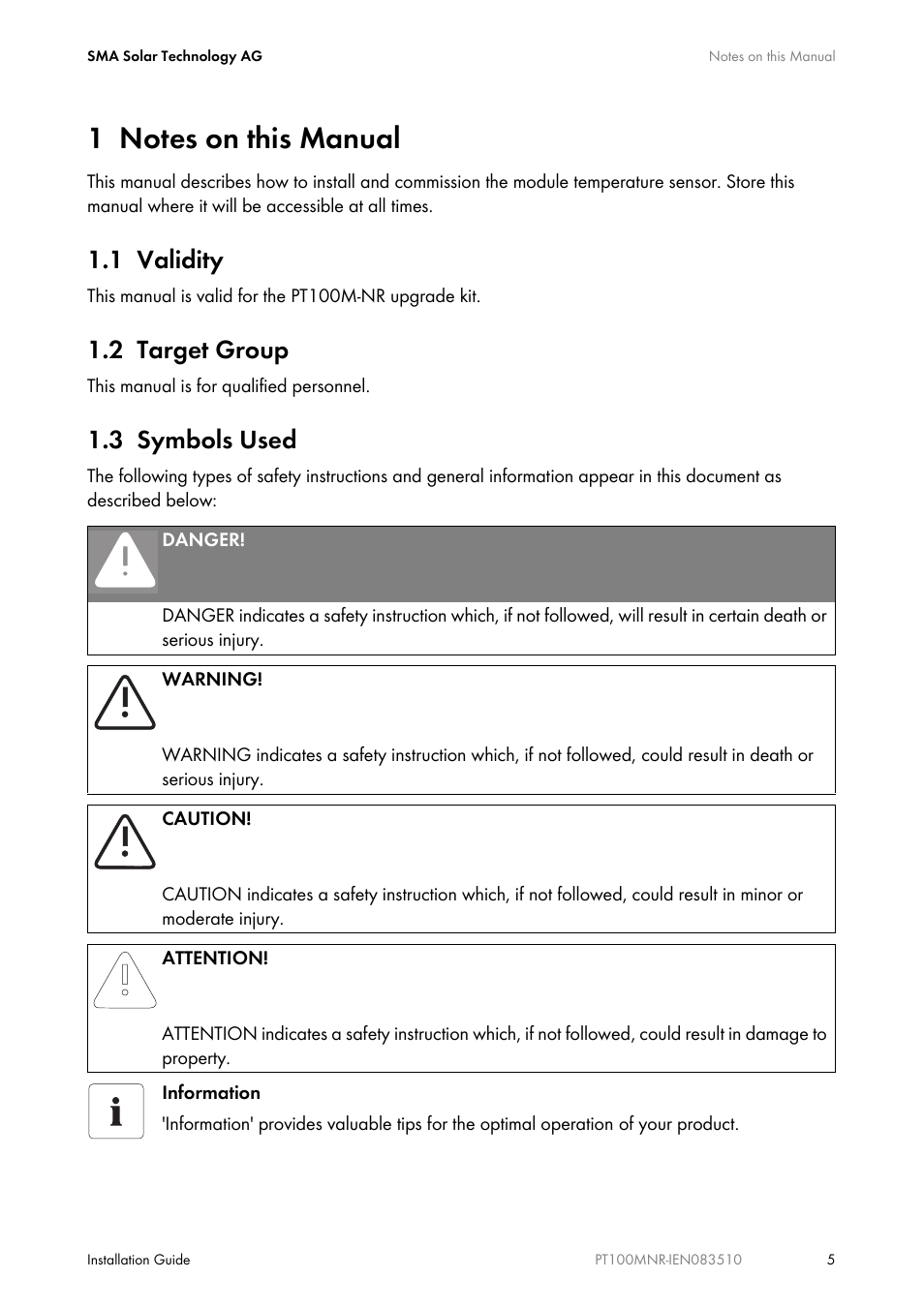 1 notes on this manual, 1 validity, 2 target group | 3 symbols used, Notes on this manual, Validity, Target group, Symbols used | SMA PT100M-NR User Manual | Page 5 / 16