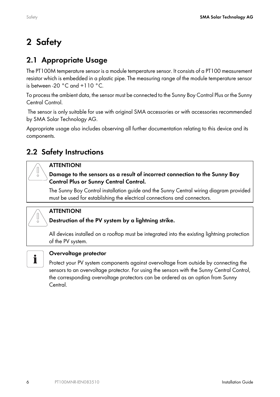 2 safety, 1 appropriate usage, 2 safety instructions | Safety, Appropriate usage, Safety instructions | SMA PT100M-NR User Manual | Page 6 / 16