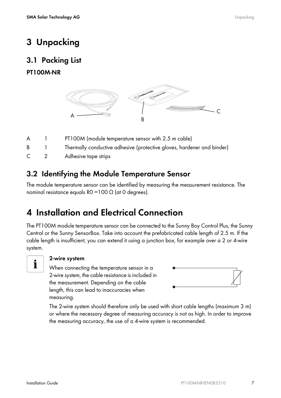 3 unpacking, 1 packing list, 2 identifying the module temperature sensor | 4 installation and electrical connection, Unpacking, Packing list, Identifying the module temperature sensor, Installation and electrical connection | SMA PT100M-NR User Manual | Page 7 / 16