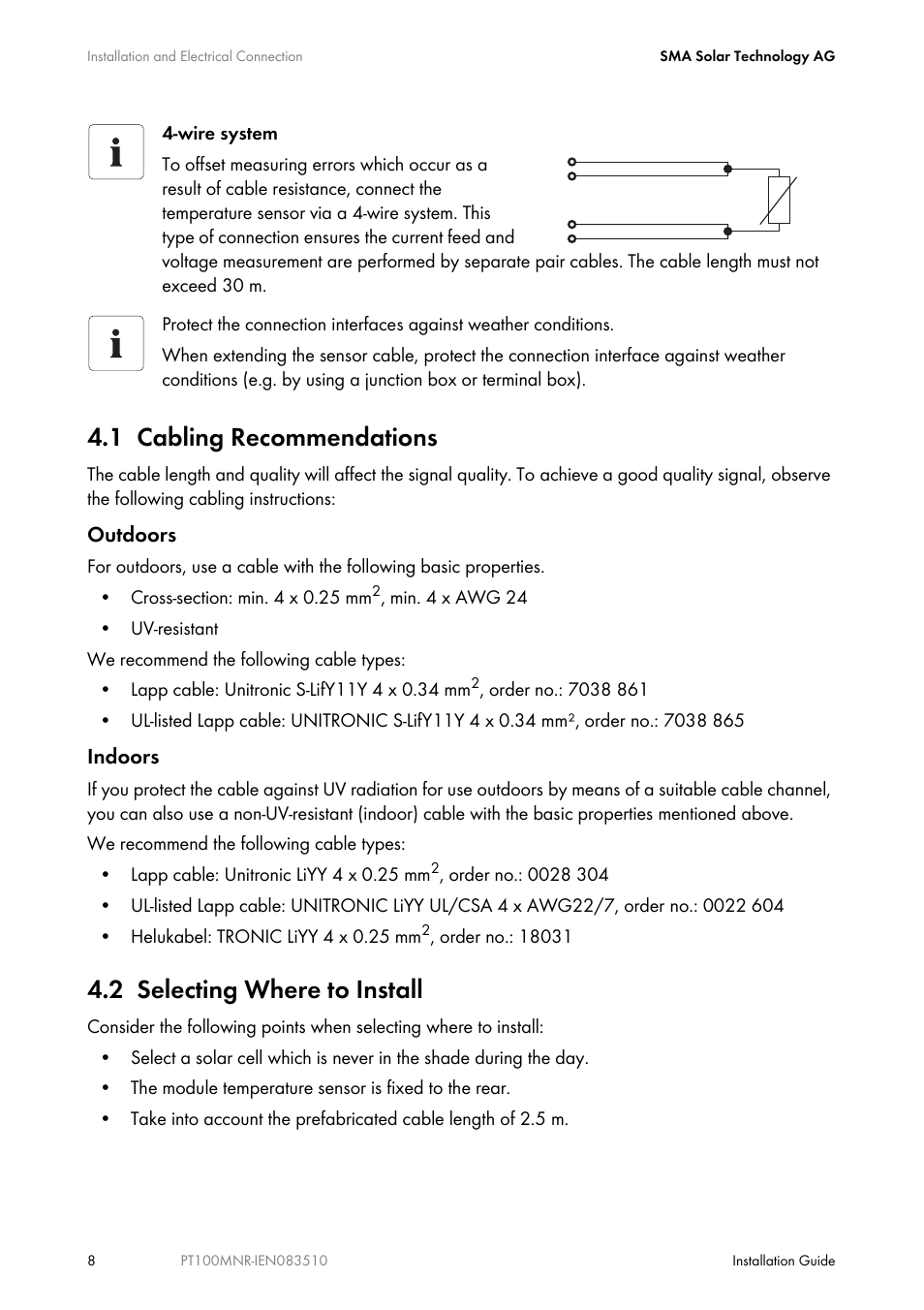 1 cabling recommendations, 2 selecting where to install, Cabling recommendations | Selecting where to install | SMA PT100M-NR User Manual | Page 8 / 16