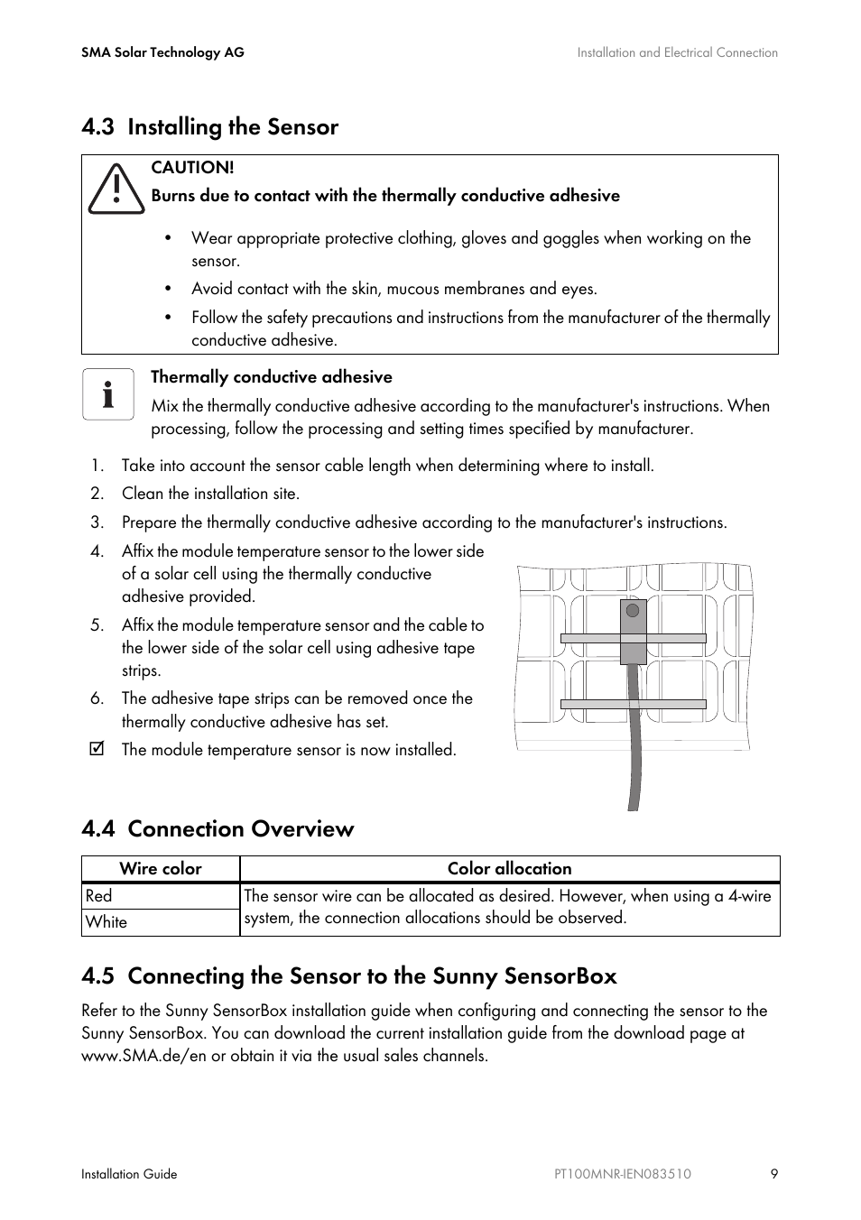 3 installing the sensor, 4 connection overview, 5 connecting the sensor to the sunny sensorbox | Installing the sensor, Connection overview, Connecting the sensor to the sunny sensorbox | SMA PT100M-NR User Manual | Page 9 / 16