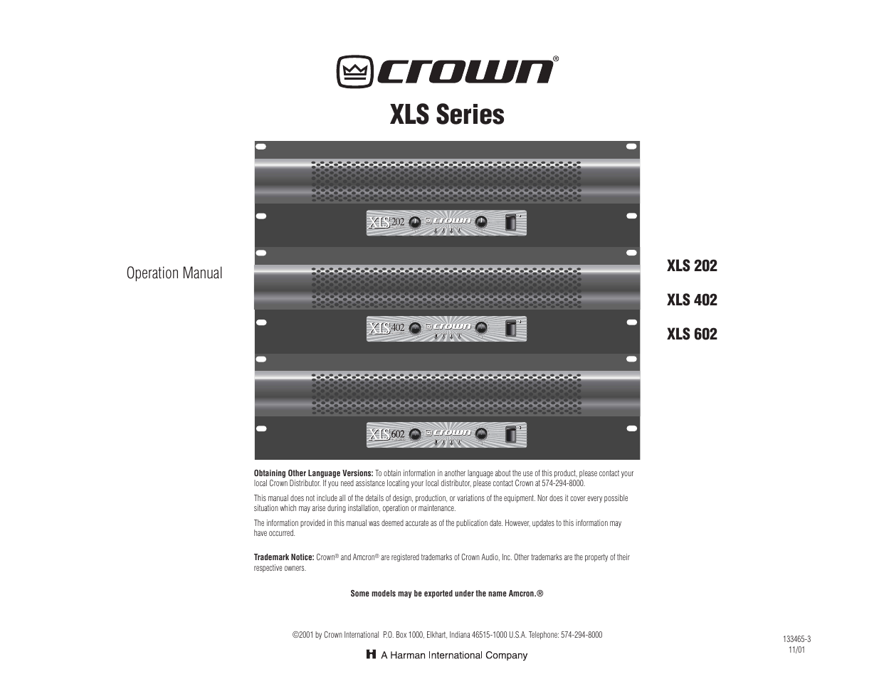 Crown Audio XL Series User Manual | 20 pages