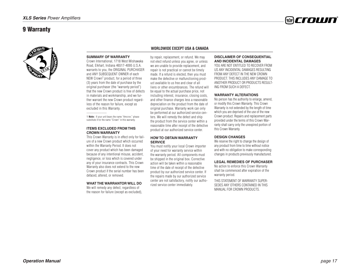 9 warranty | Crown Audio XL Series User Manual | Page 17 / 20