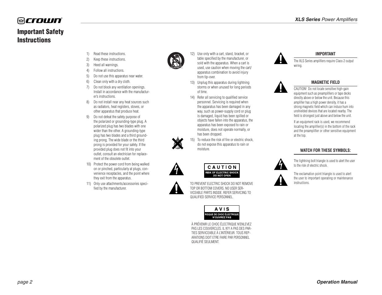 Important safety instructions | Crown Audio XL Series User Manual | Page 2 / 20