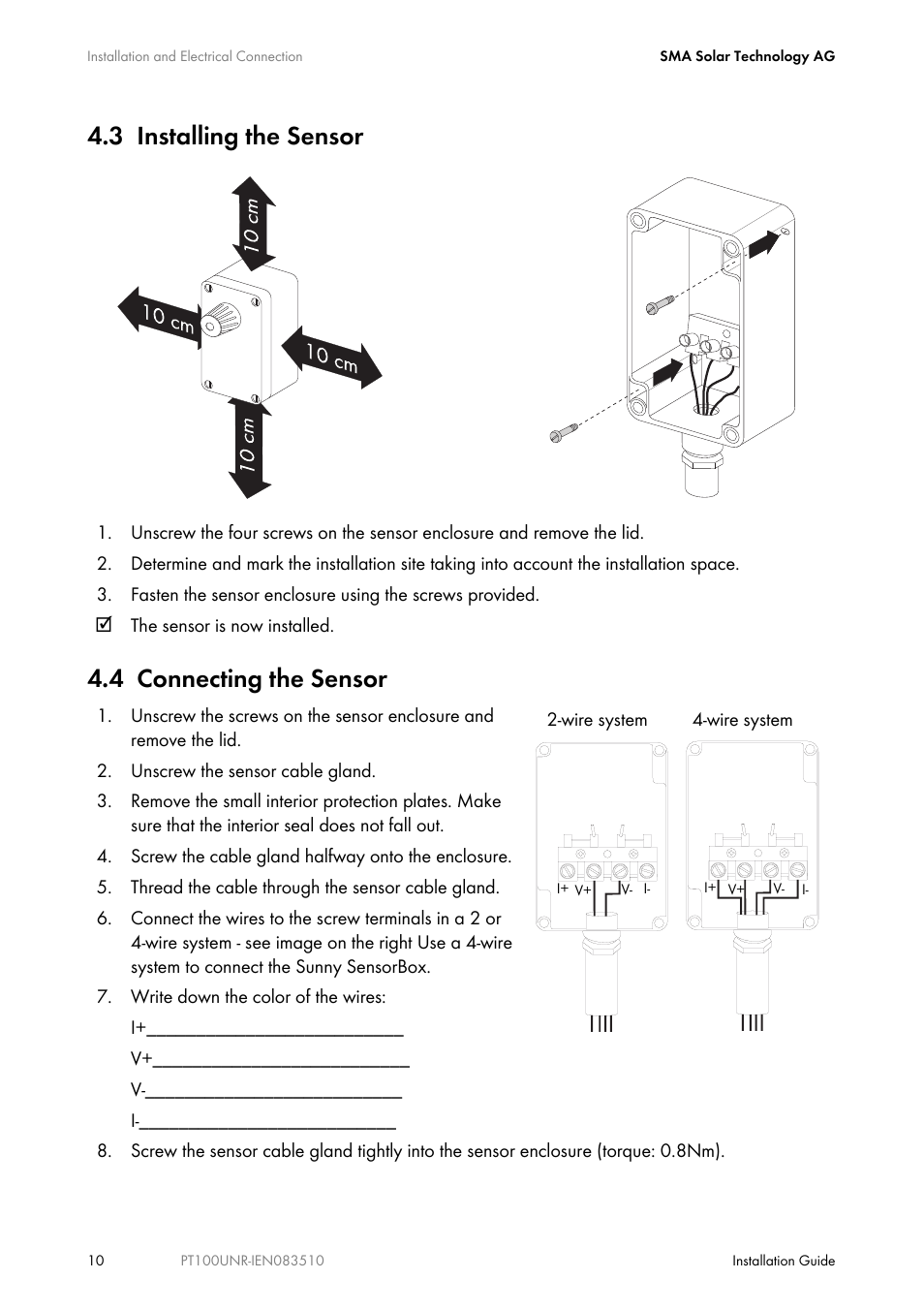 3 installing the sensor, 4 connecting the sensor, Installing the sensor | Connecting the sensor | SMA PT100U-NR User Manual | Page 10 / 20