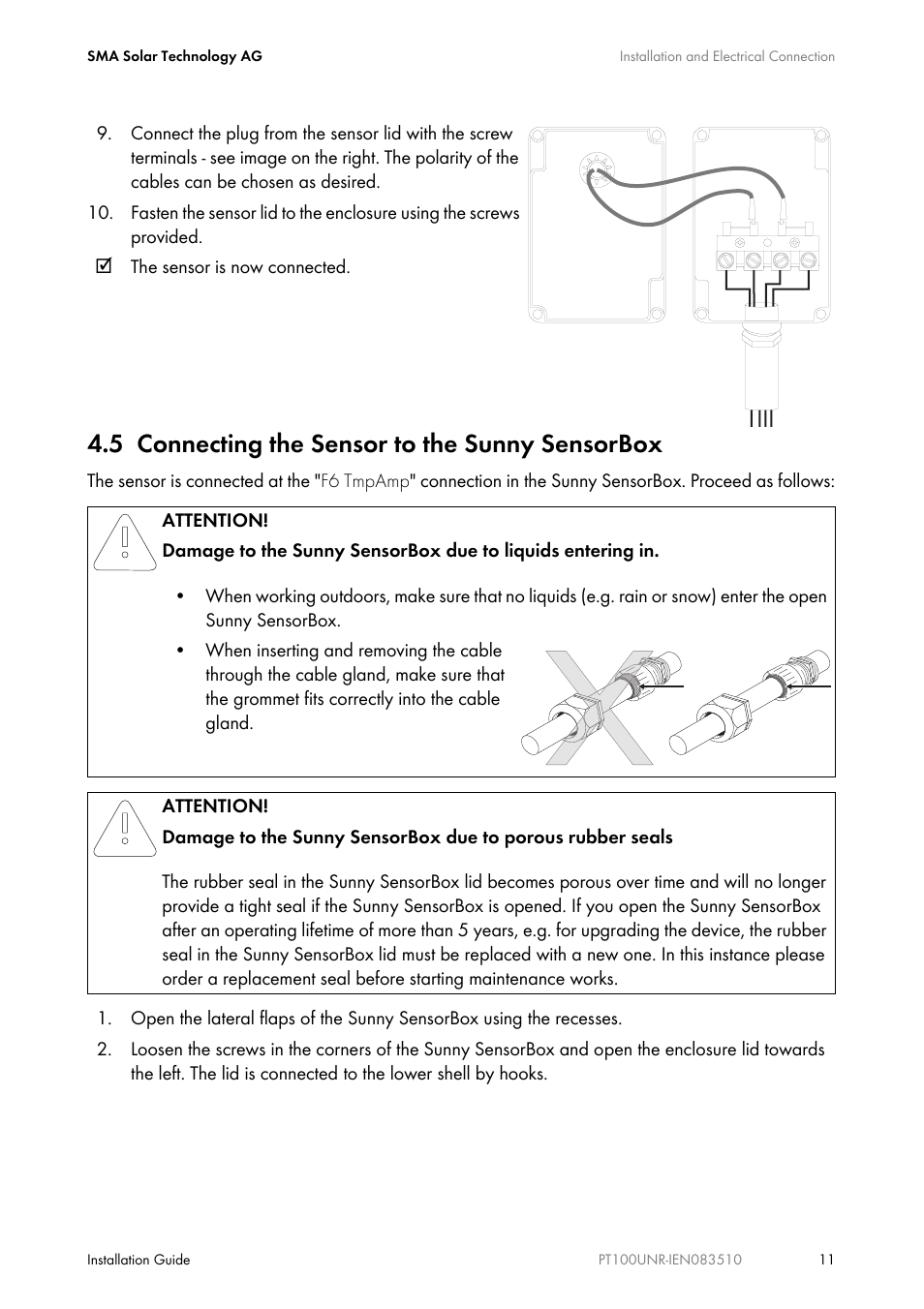 5 connecting the sensor to the sunny sensorbox, Connecting the sensor to the sunny sensorbox | SMA PT100U-NR User Manual | Page 11 / 20
