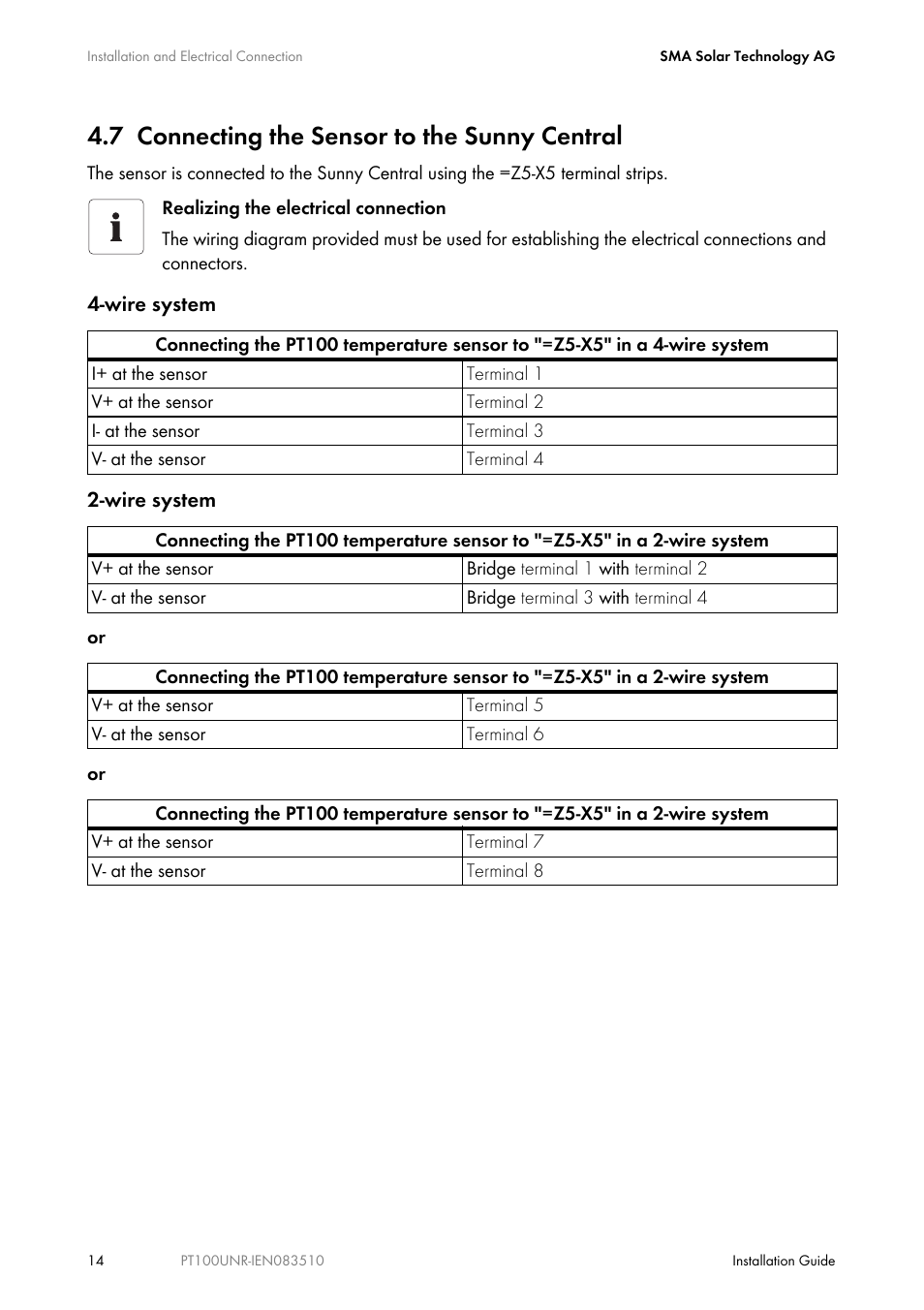 7 connecting the sensor to the sunny central, Connecting the sensor to the sunny central | SMA PT100U-NR User Manual | Page 14 / 20