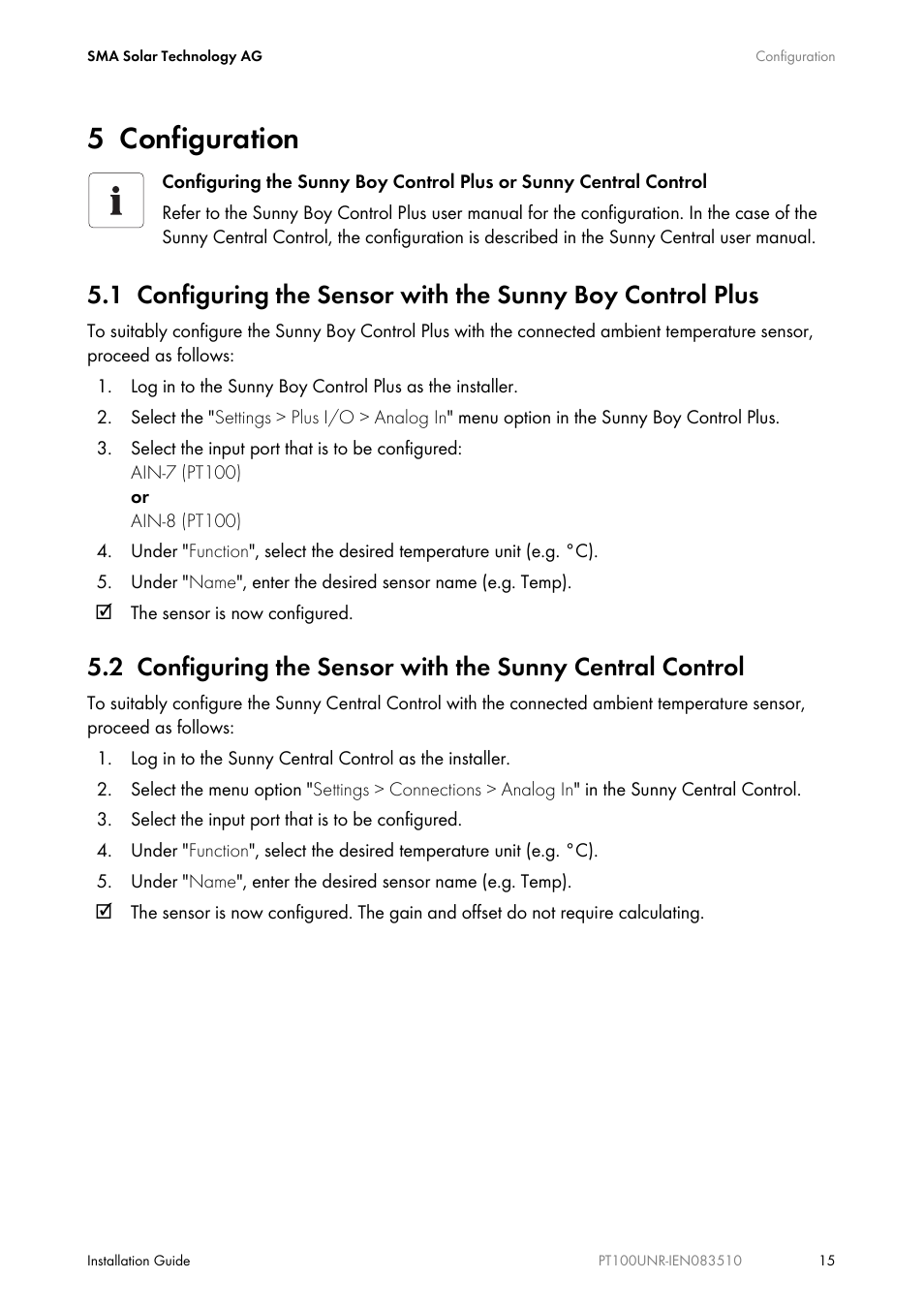 5 configuration, Configuration | SMA PT100U-NR User Manual | Page 15 / 20