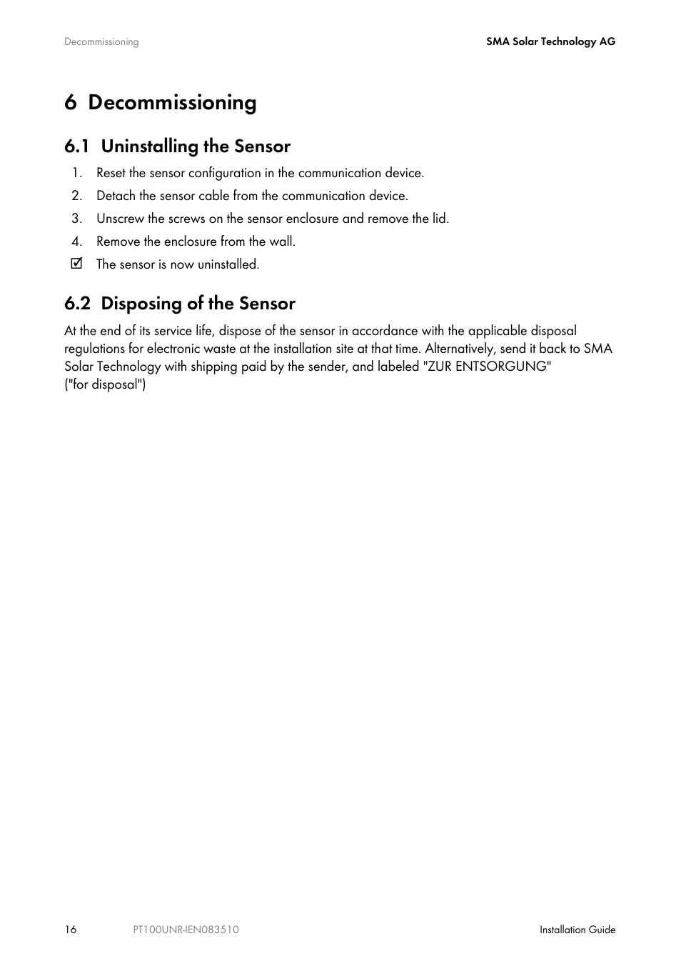 6 decommissioning, 1 uninstalling the sensor, 2 disposing of the sensor | Decommissioning, Uninstalling the sensor, Disposing of the sensor | SMA PT100U-NR User Manual | Page 16 / 20