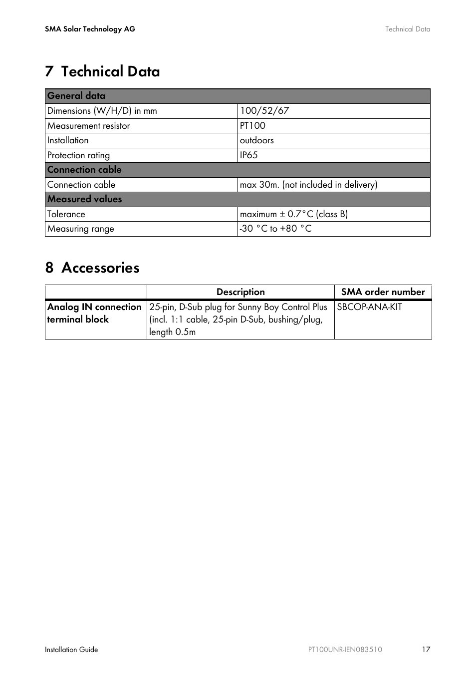 7 technical data, 8 accessories, Technical data | Accessories, 7 technical data 8 accessories | SMA PT100U-NR User Manual | Page 17 / 20