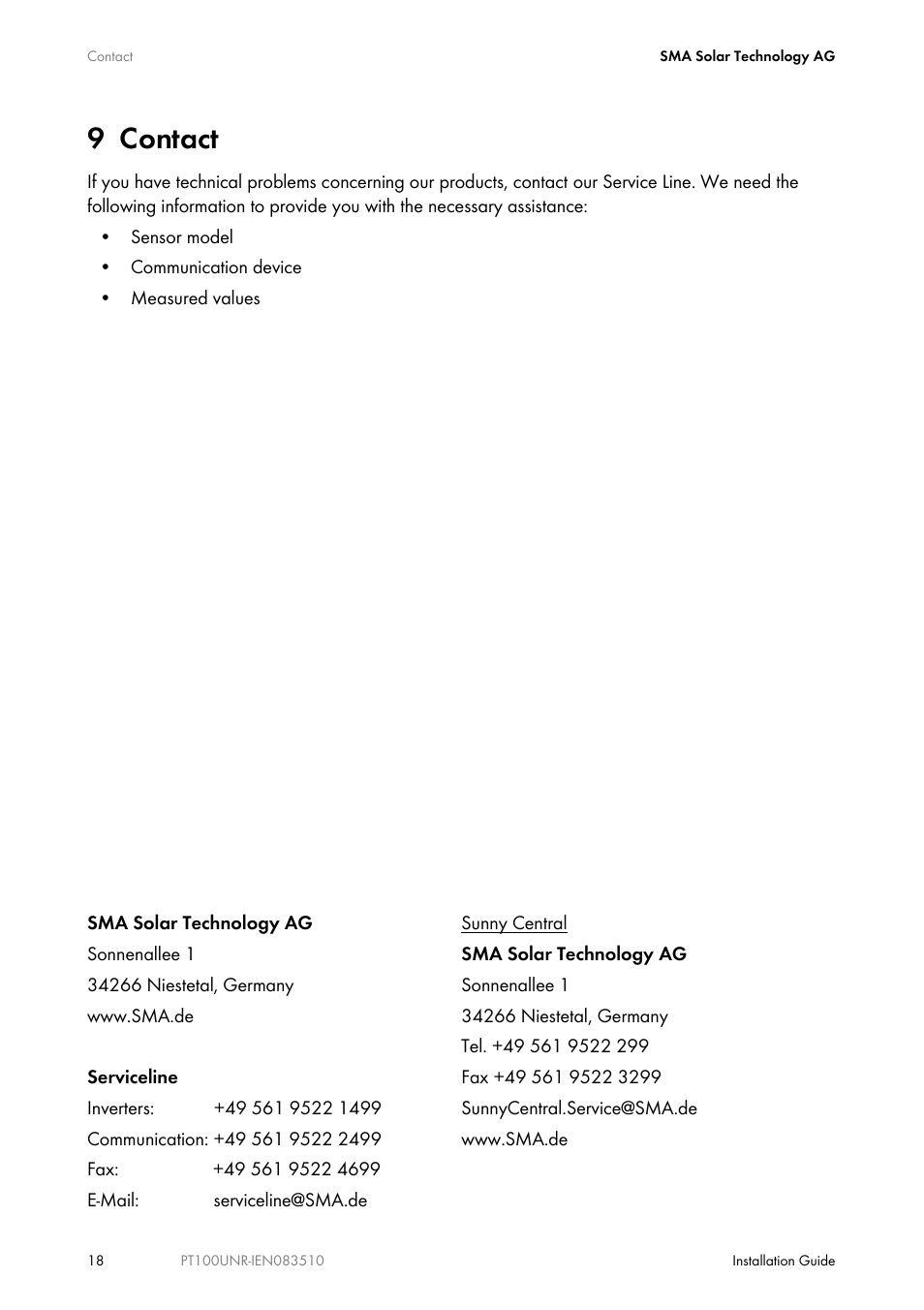 9 contact, Contact | SMA PT100U-NR User Manual | Page 18 / 20