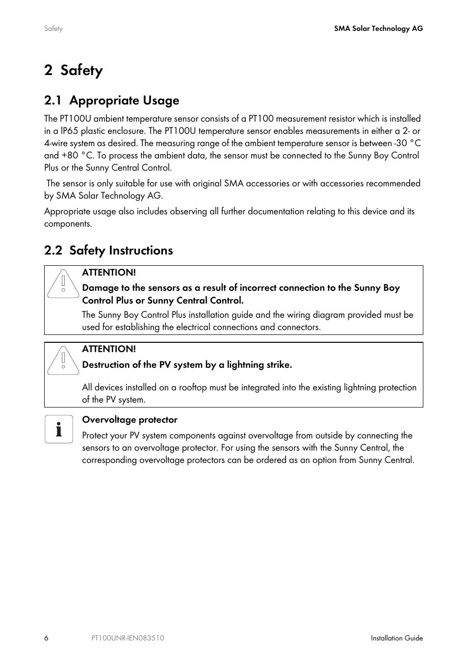 2 safety, 1 appropriate usage, 2 safety instructions | Safety, Appropriate usage, Safety instructions | SMA PT100U-NR User Manual | Page 6 / 20