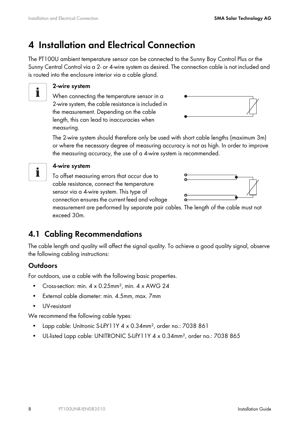 4 installation and electrical connection, 1 cabling recommendations, Installation and electrical connection | Cabling recommendations | SMA PT100U-NR User Manual | Page 8 / 20