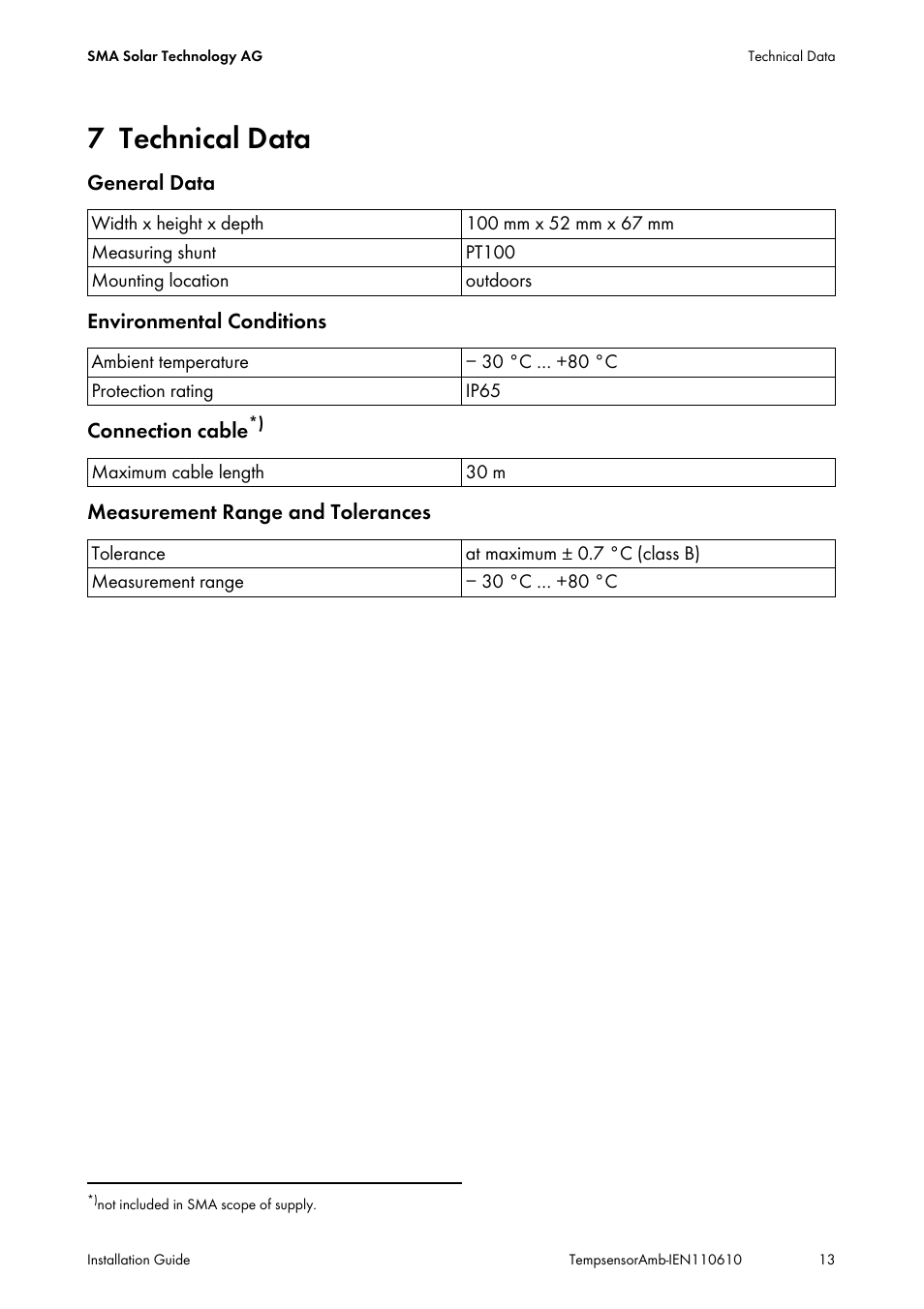 7 technical data, Technical data | SMA TEMPSENSOR-AMBIENT User Manual | Page 13 / 16