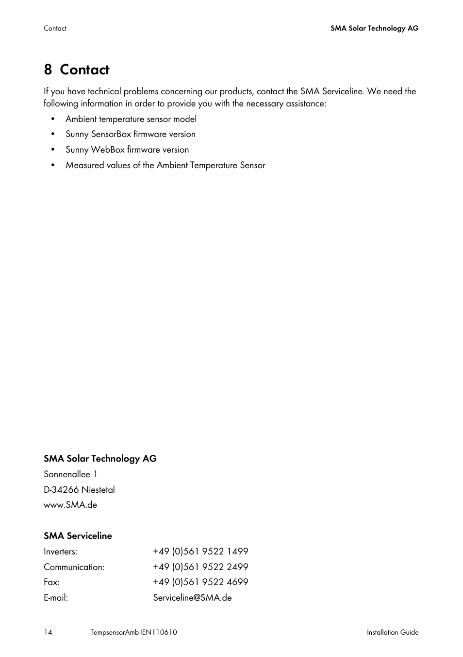 8 contact, Contact | SMA TEMPSENSOR-AMBIENT User Manual | Page 14 / 16