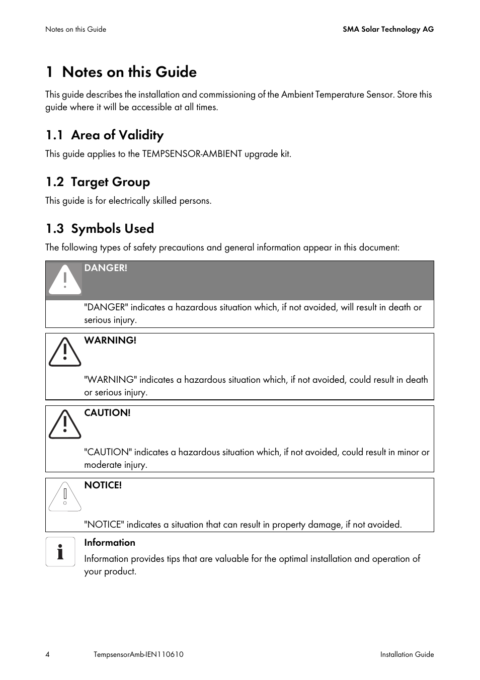 1 notes on this guide, 1 area of validity, 2 target group | 3 symbols used, Notes on this guide, Area of validity, Target group, Symbols used | SMA TEMPSENSOR-AMBIENT User Manual | Page 4 / 16