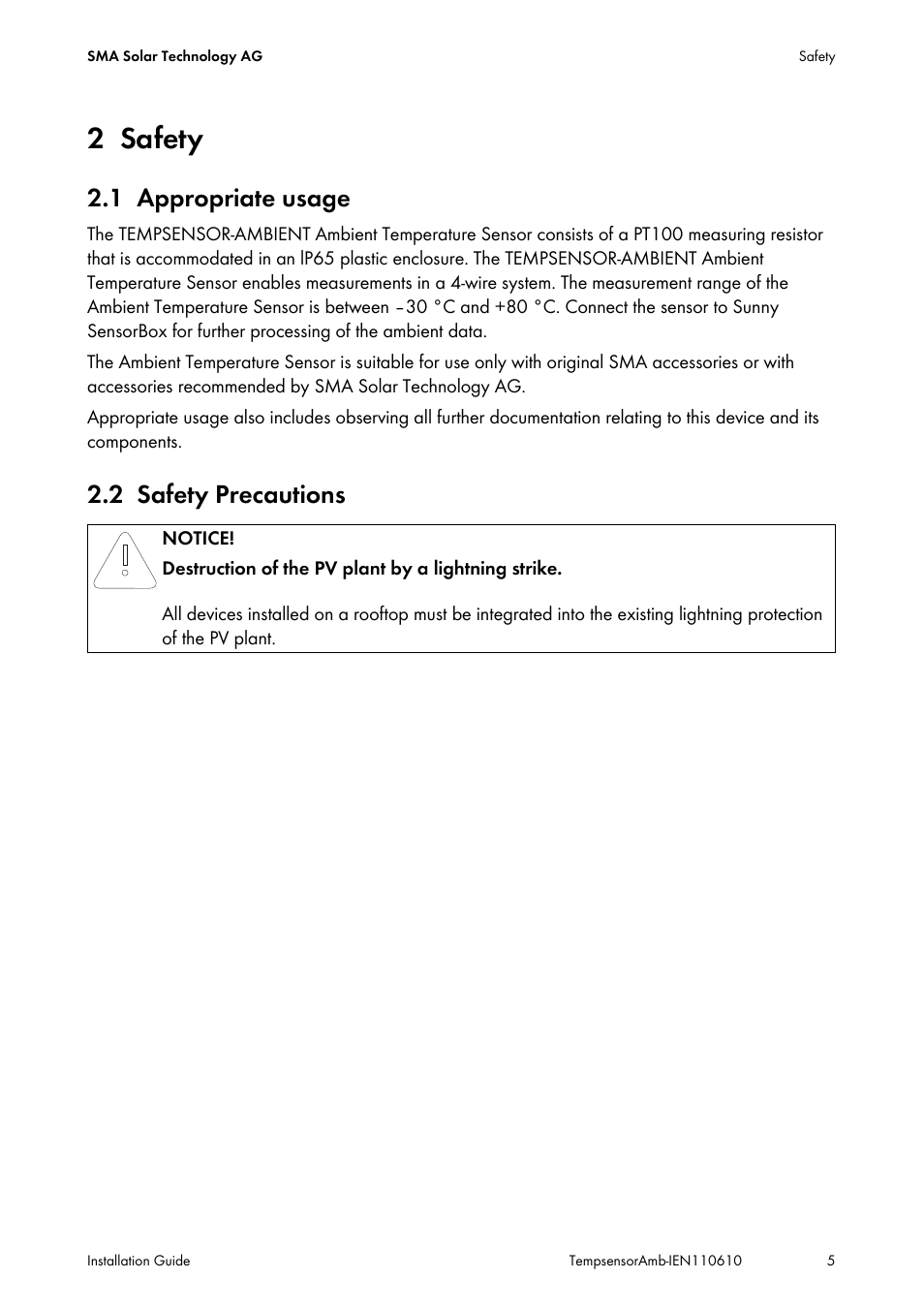 2 safety, 1 appropriate usage, 2 safety precautions | Safety, Appropriate usage, Safety precautions | SMA TEMPSENSOR-AMBIENT User Manual | Page 5 / 16
