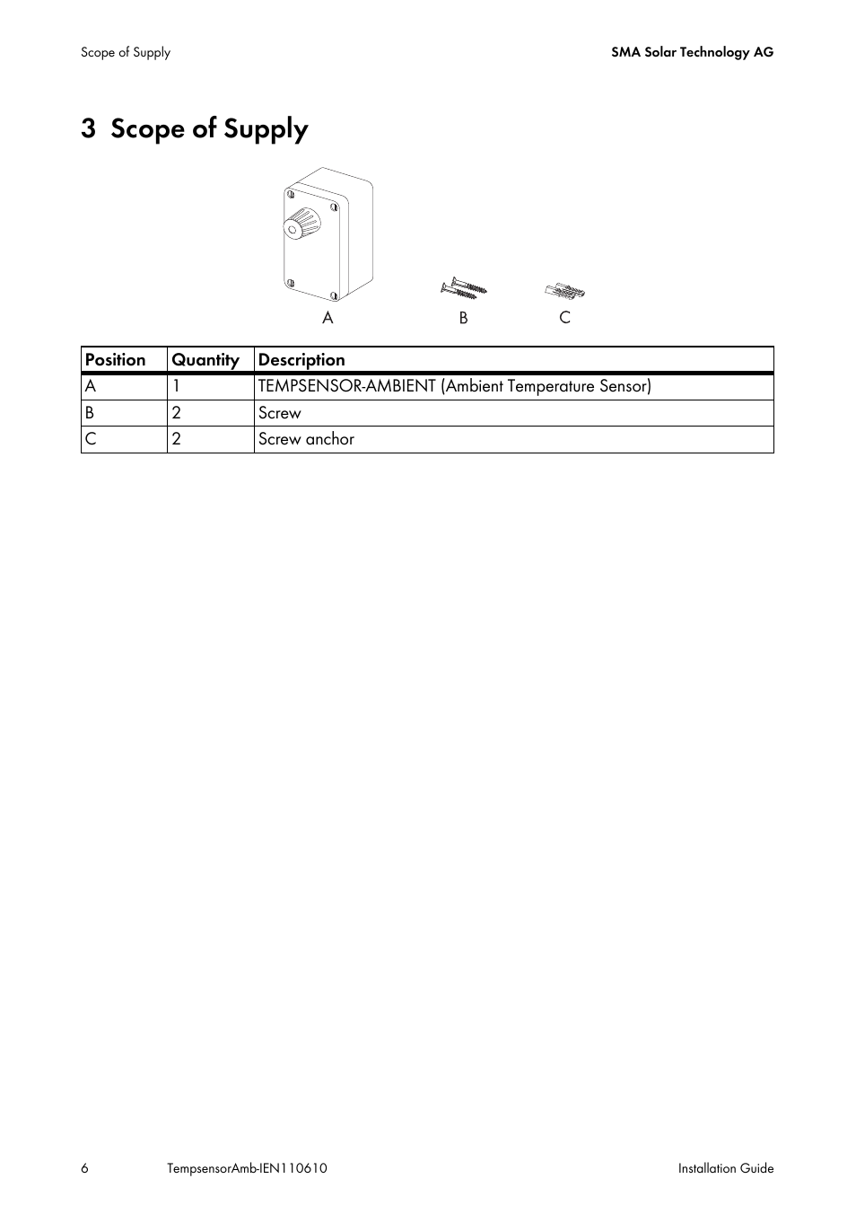 3 scope of supply, Scope of supply | SMA TEMPSENSOR-AMBIENT User Manual | Page 6 / 16