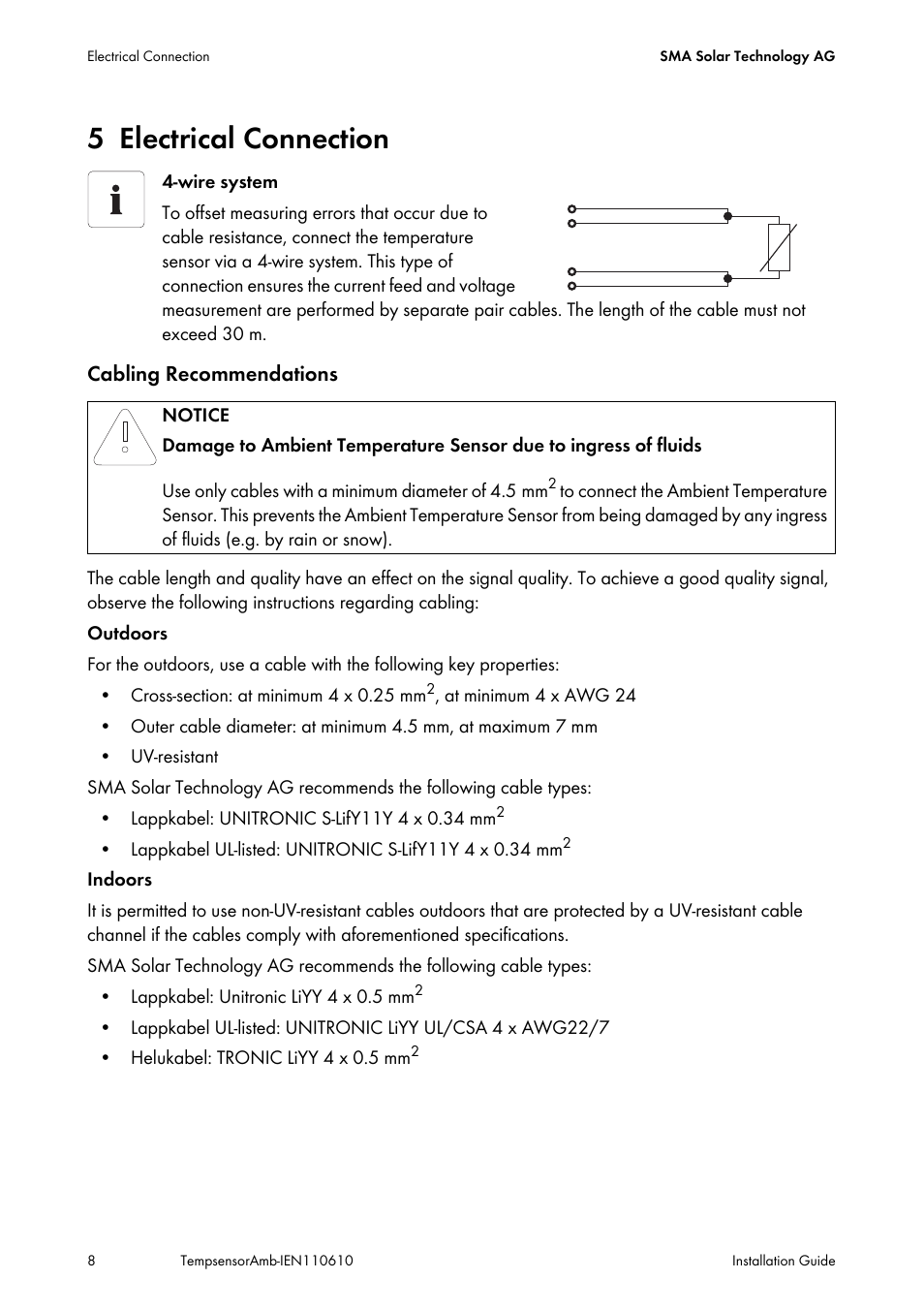 5 electrical connection, Electrical connection | SMA TEMPSENSOR-AMBIENT User Manual | Page 8 / 16