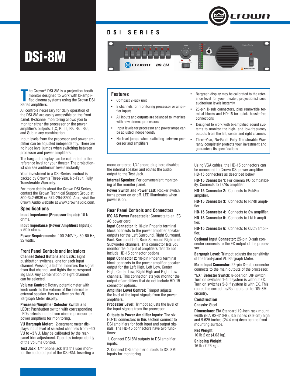 Crown Audio DSi-8M User Manual | 2 pages