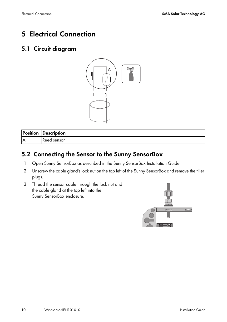 5 electrical connection, 1 circuit diagram, 2 connecting the sensor to the sunny sensorbox | Electrical connection, Circuit diagram, Connecting the sensor to the sunny sensorbox | SMA Anemometer User Manual | Page 10 / 16